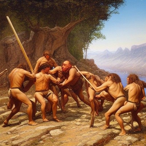 Homo Sapiens vs Neanderthals: Historic Oil Painting