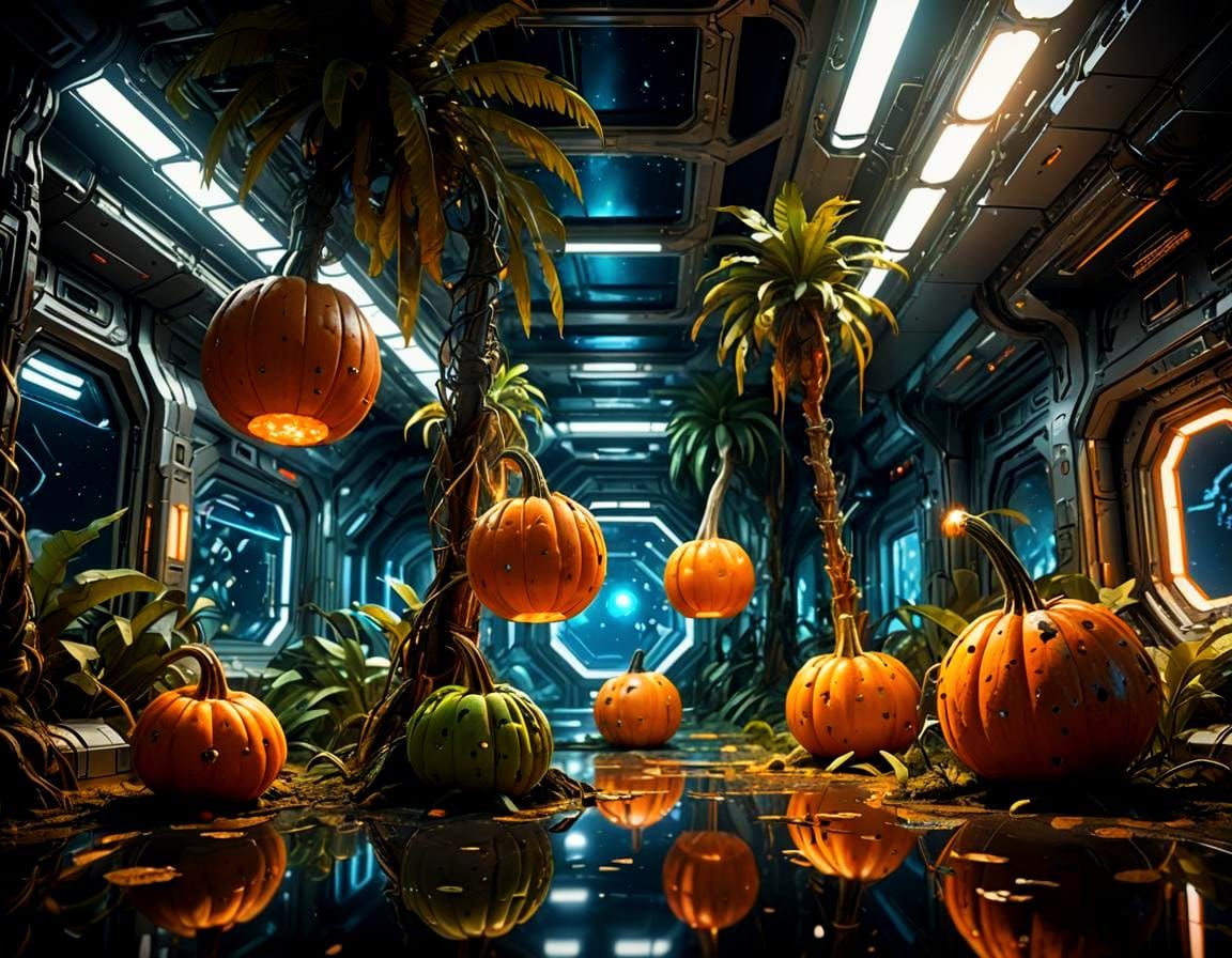 Gourds Growing Atop Palm Trees on Space Station