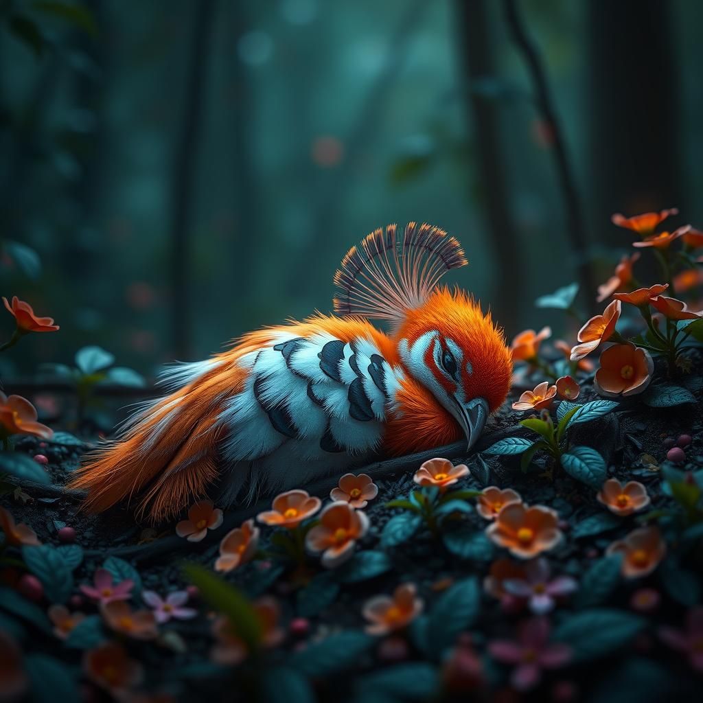 Neon Peacock Chick Resting on Forest Floor