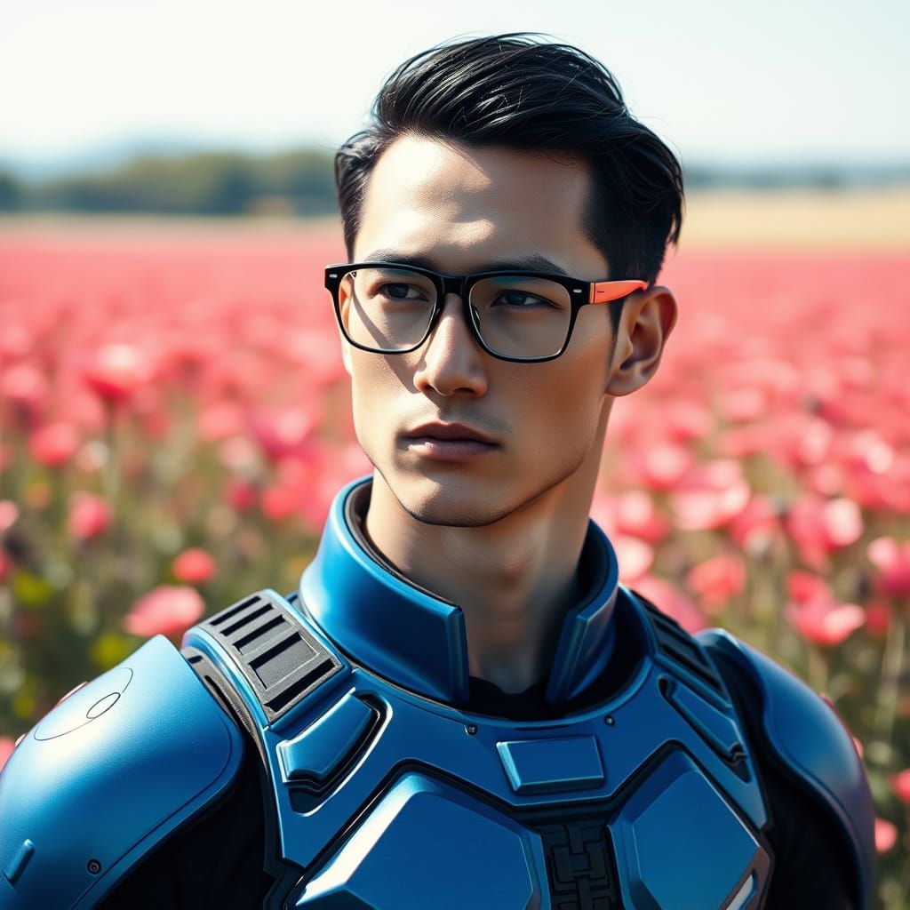 Man in Blue Armor Among Coral Pink Flowers