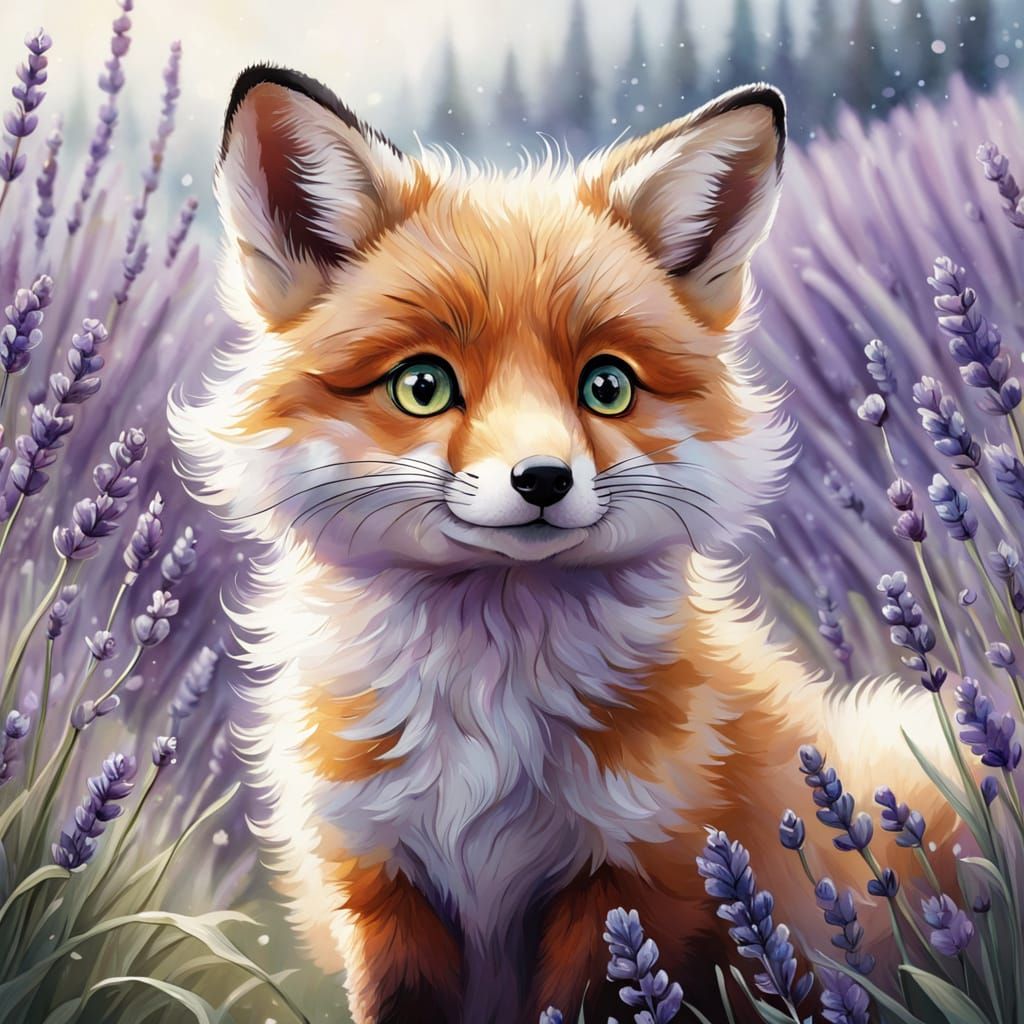 Whimsical Fox Cub in Lavender Meadow