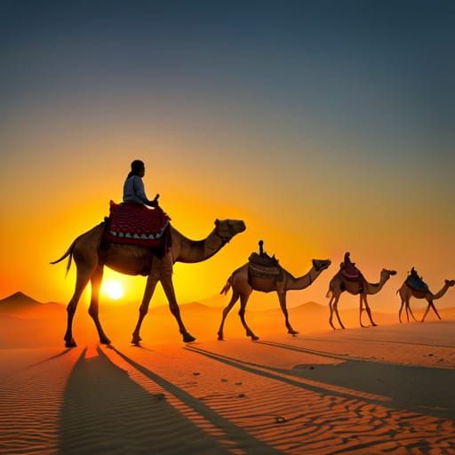Camels Walking by Egyptian Pyramids at Sunset