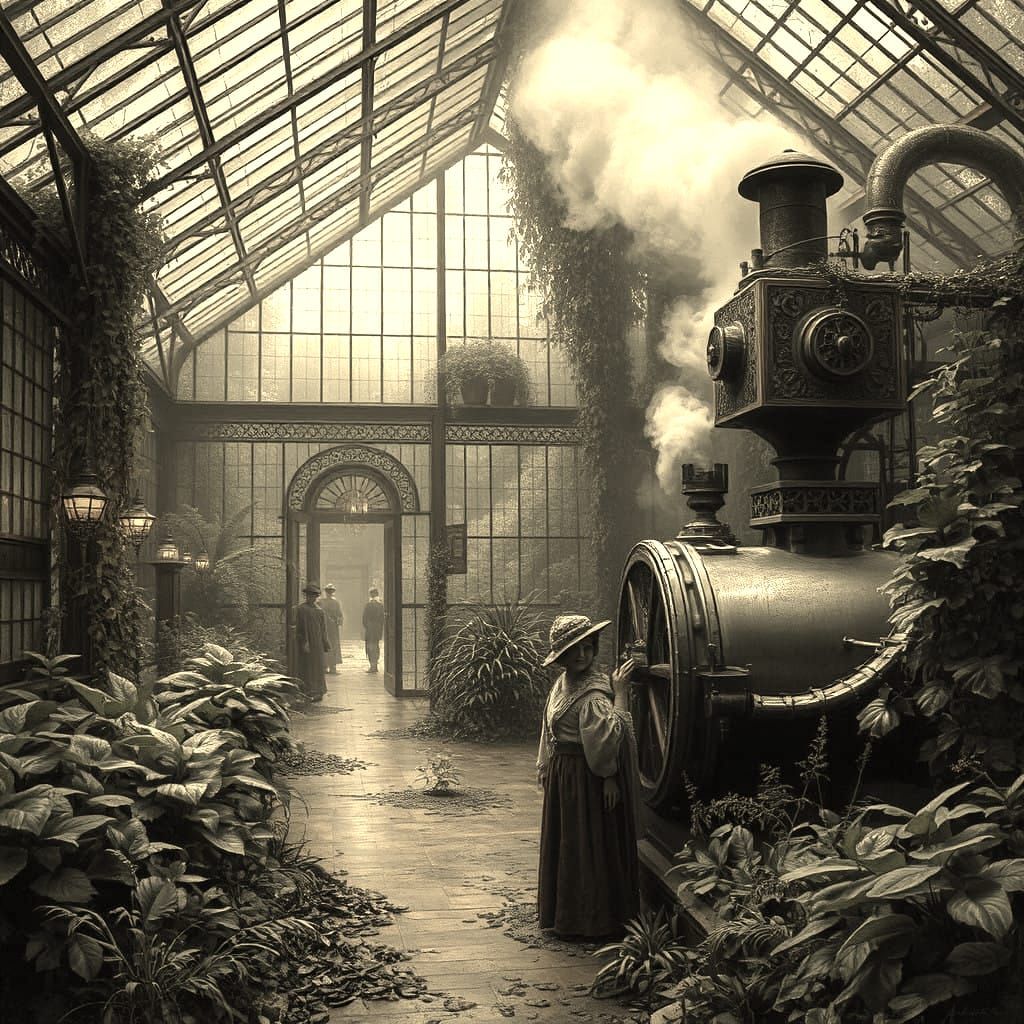 Lush Steampunk Greenhouse with Ancient Mechanical Botany