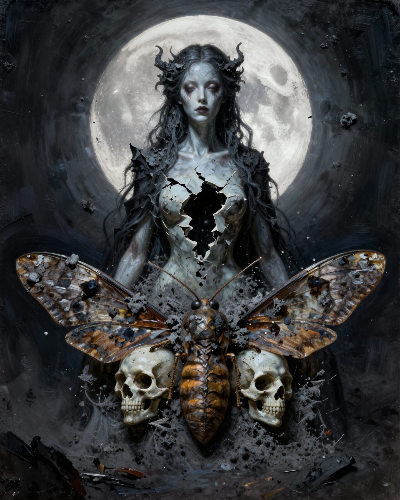 Shattered Queen Void and Moths in Dark Fantasy Oil
