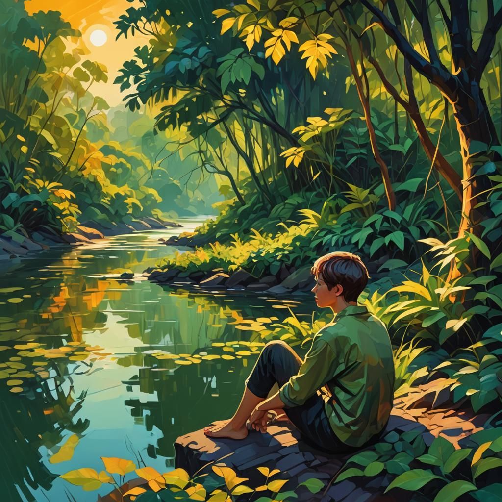 Vibrant Sunset Riverbank Scene in Fauvist Style