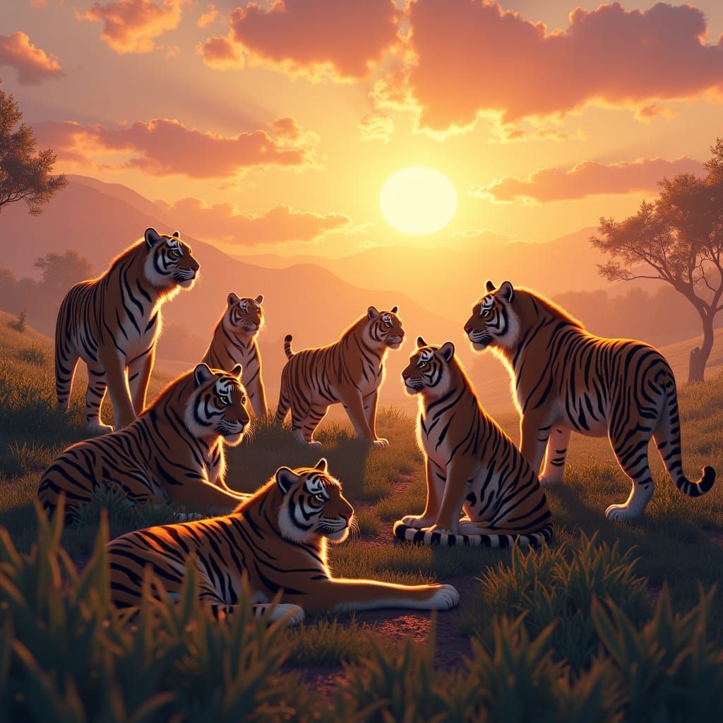 Majestic Tigers in Golden Sunset: Fantasy Art