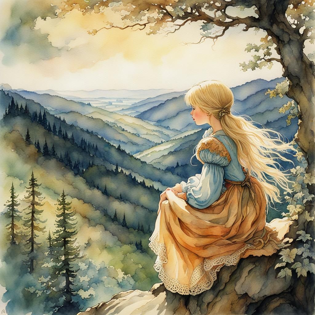 Fairytale Girl Overlooks Sunny Valley in Watercolor