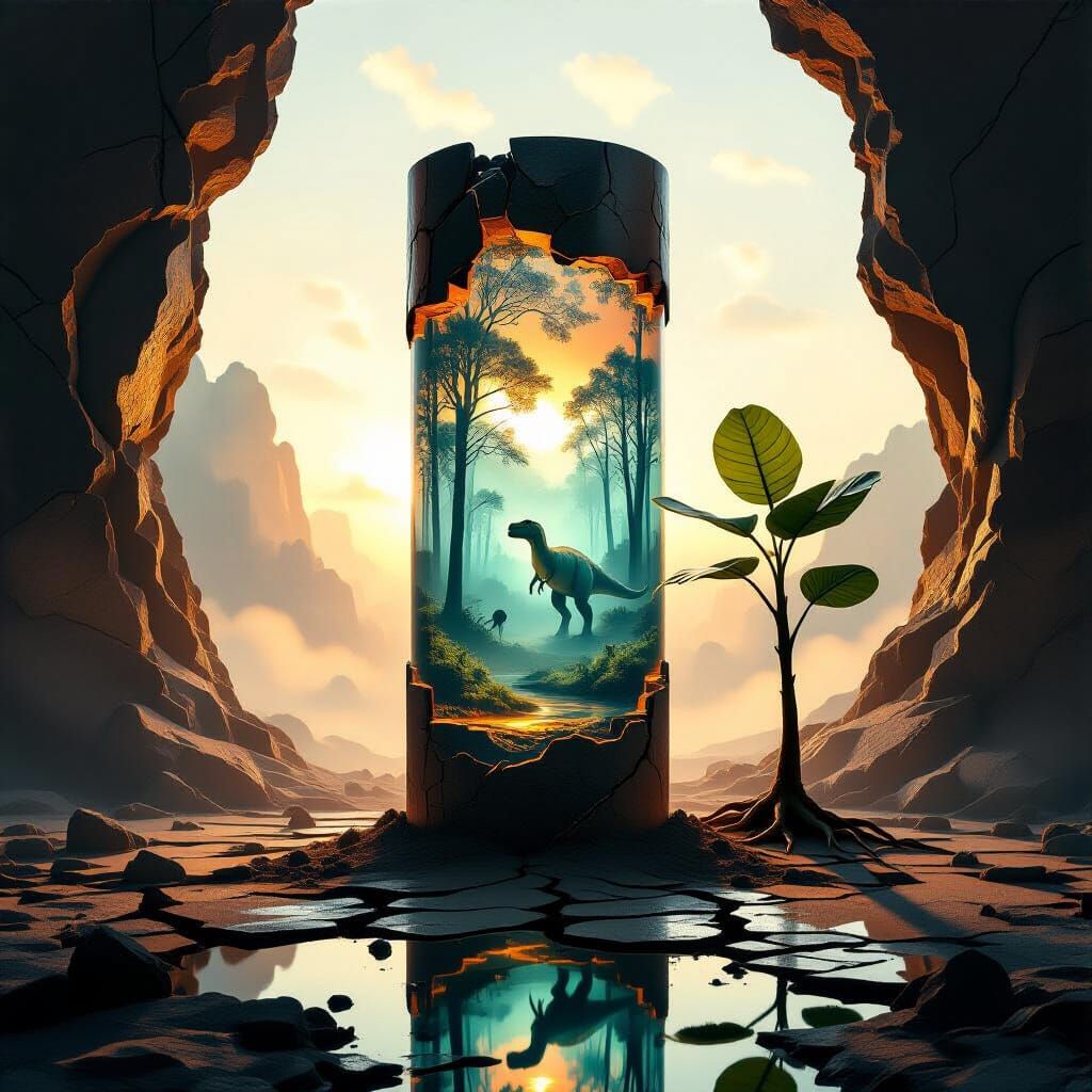 A surreal painterly scene where a tall cylindrical fossil-li...