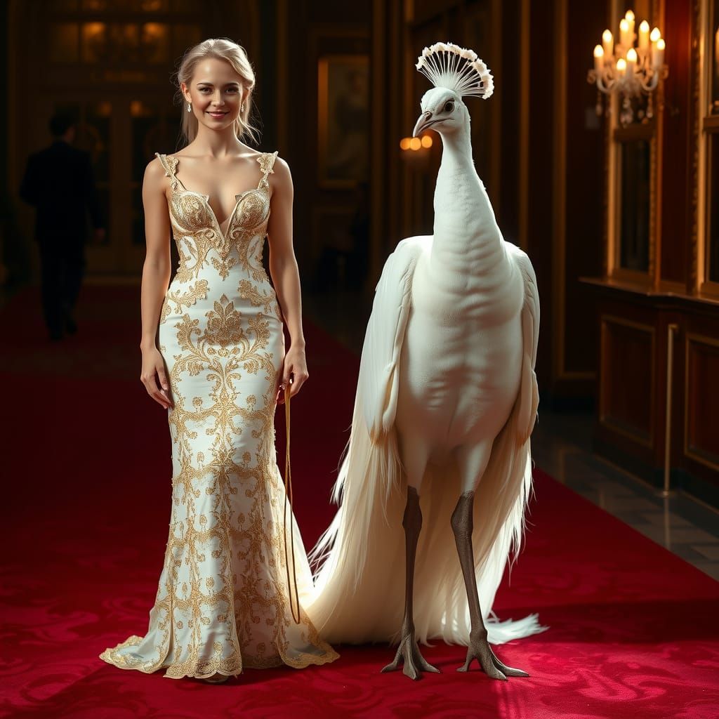 A glamorous blonde woman in a white and gold evening gown standing on a red carpet.