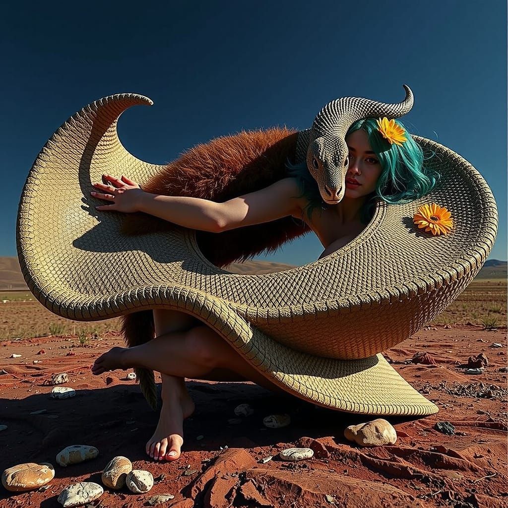 Mythical Chimera with Teal Hair and Yellow Flower in Cosmic ...