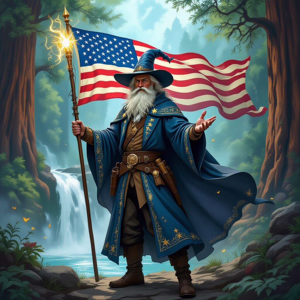 Victorian Wizard with American Flag in Hyperrealistic Style