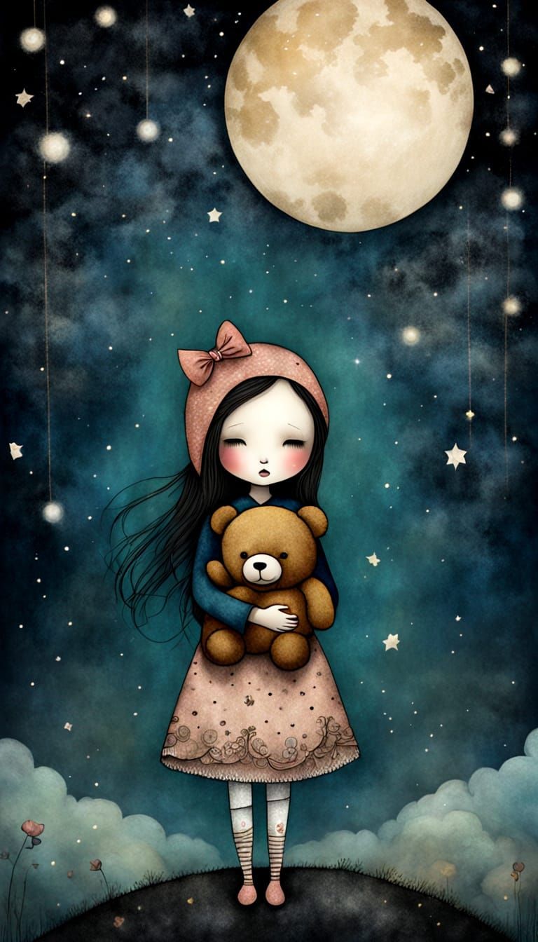 ^^Starlit Whispers: A Teddy’s Dreamy Dance with the Moon