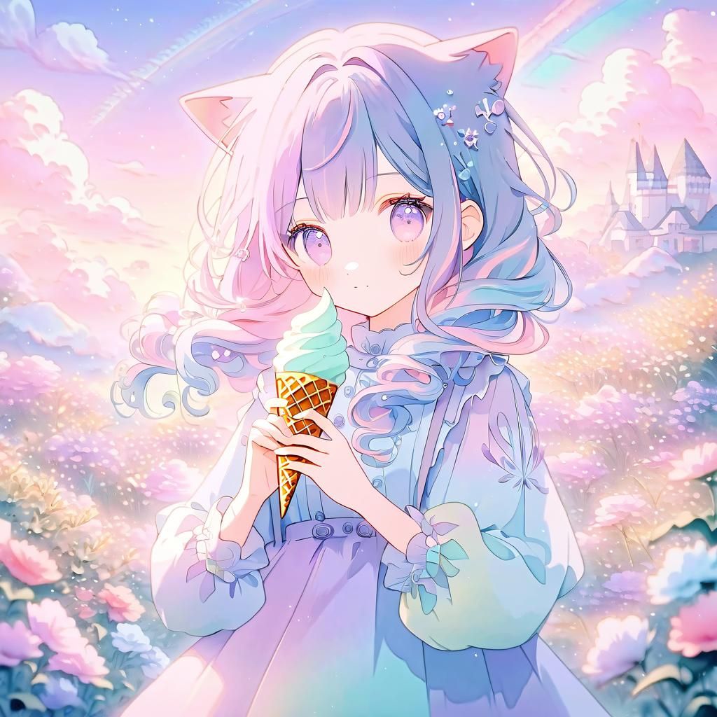 Pastel Anime Girl with Kitten in Garden