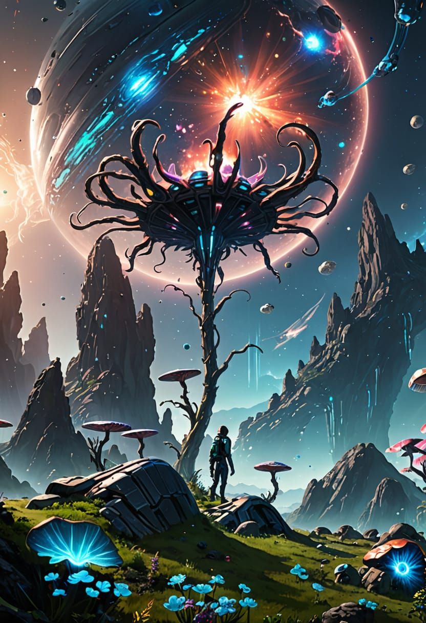 Alien Landscape with Crashed Spaceship in Bioluminescent Flo...