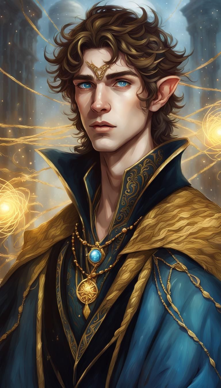 Elf Mage Surrounded by Golden Threads of Magic