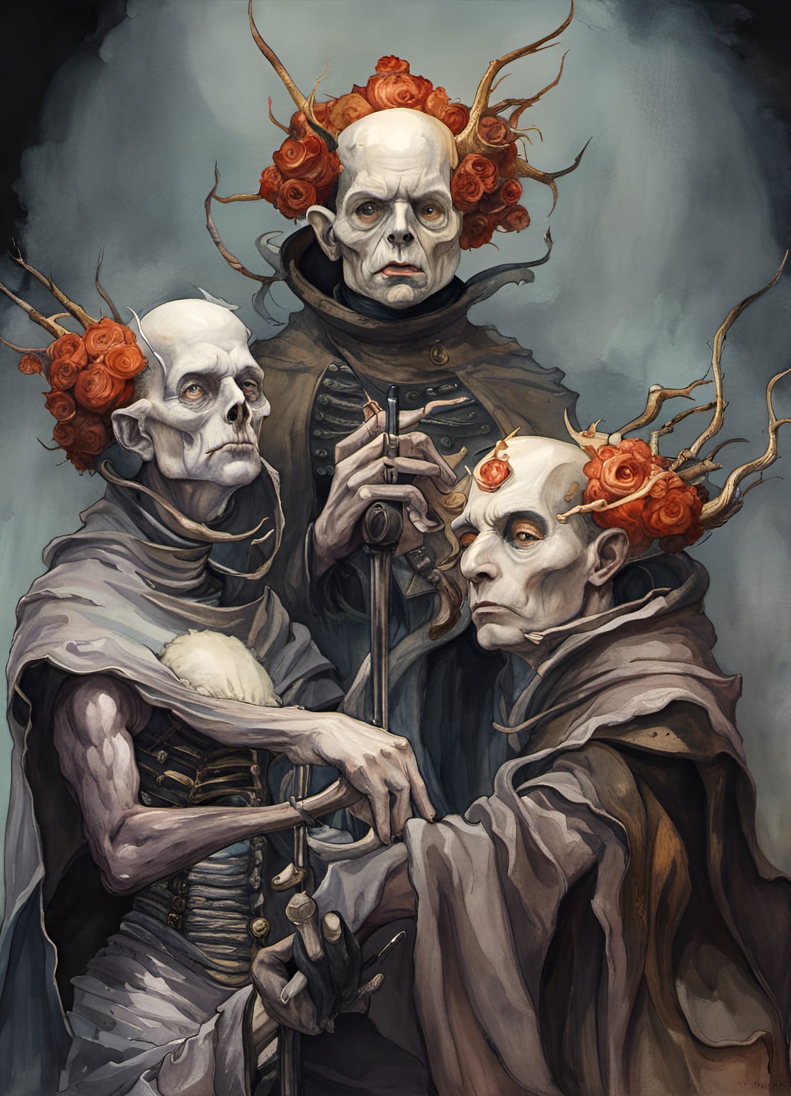 Three-Headed Fate Fantasy Art in Watercolor Style