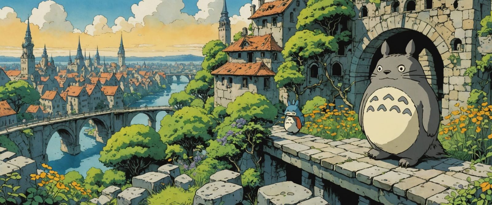 Totoro Overlooking City Ruins in Comic Book Style