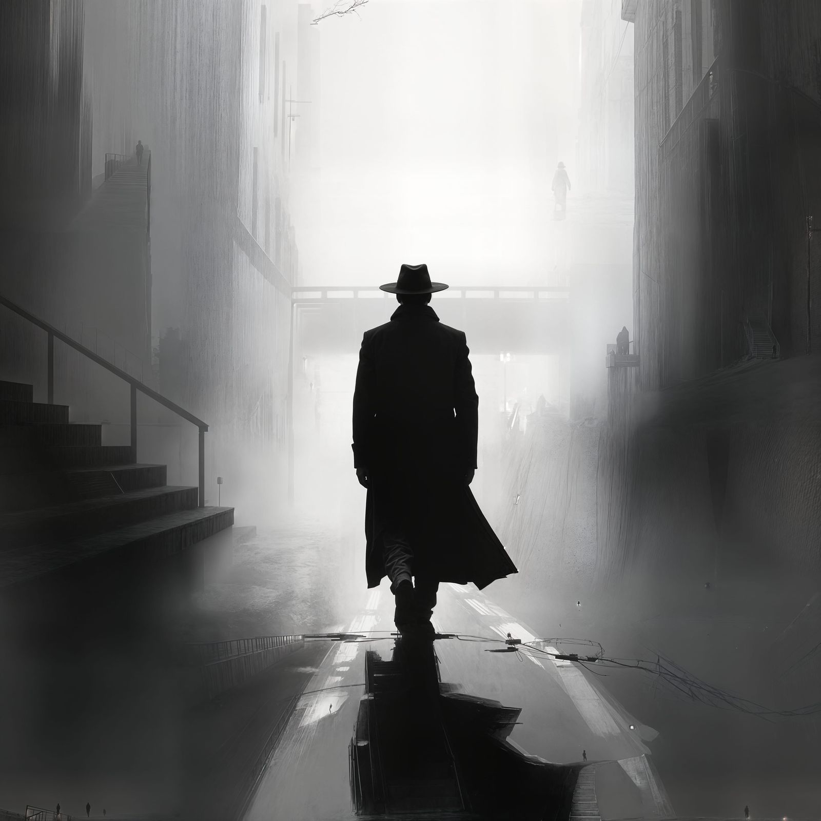 Mysterious Foggy Cityscape in Black and White Abstract