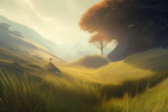 rolling green hills with tall grass and a blue sky a masterpiece, 8k resolution, dark fantasy concept art, by Greg Rutko...