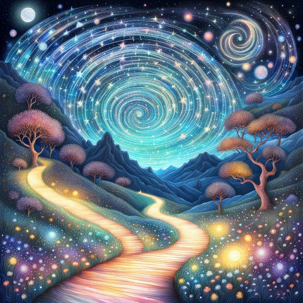 Winding Star Path in Anime Kitsch Collage