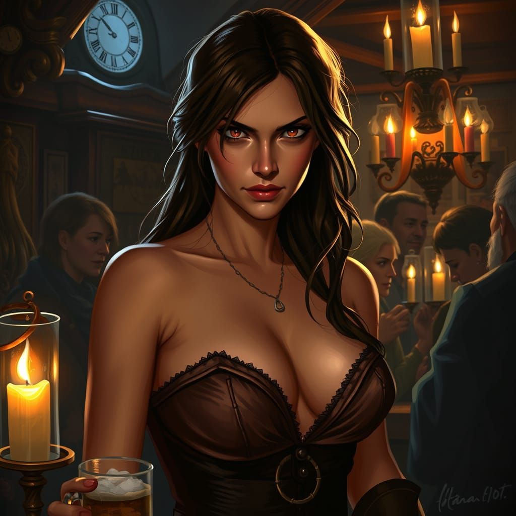 Raucous Tavern Scene with Bare-Chested Woman