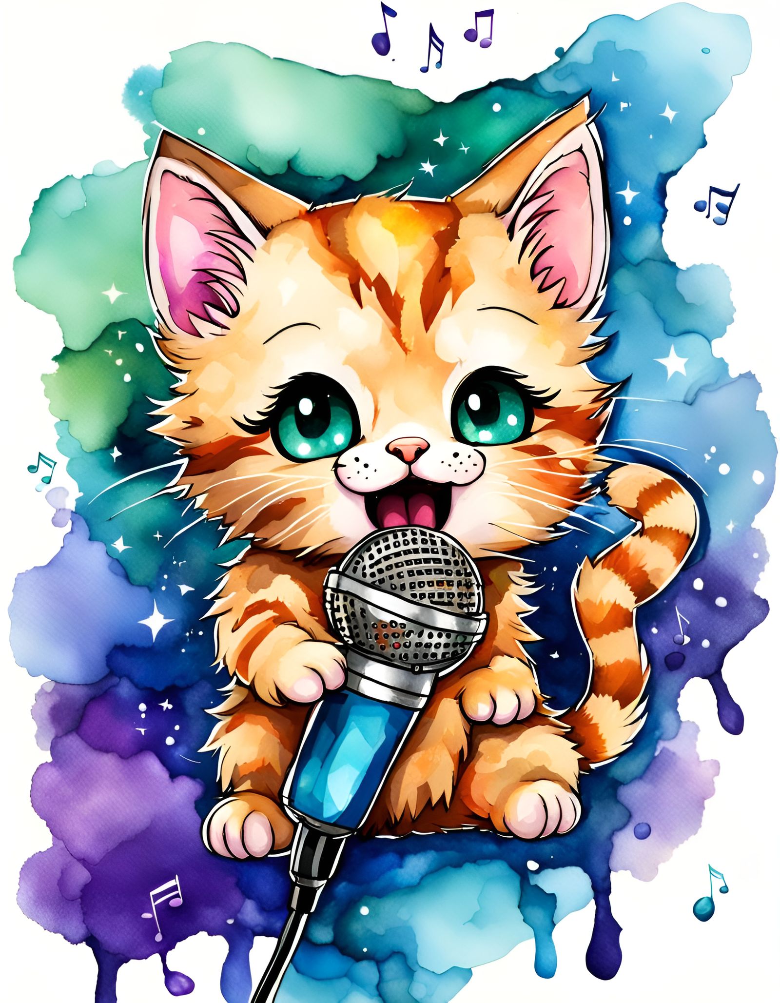 Chibi Kitten Singing: Alcohol Ink Art