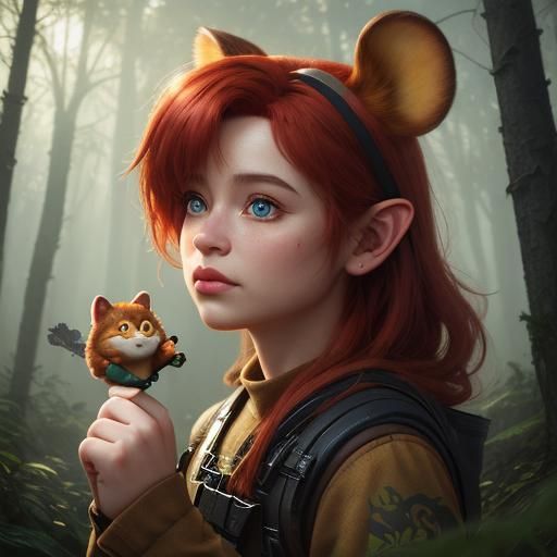 Red-Haired Child Artist Surrounded by Forest Animals