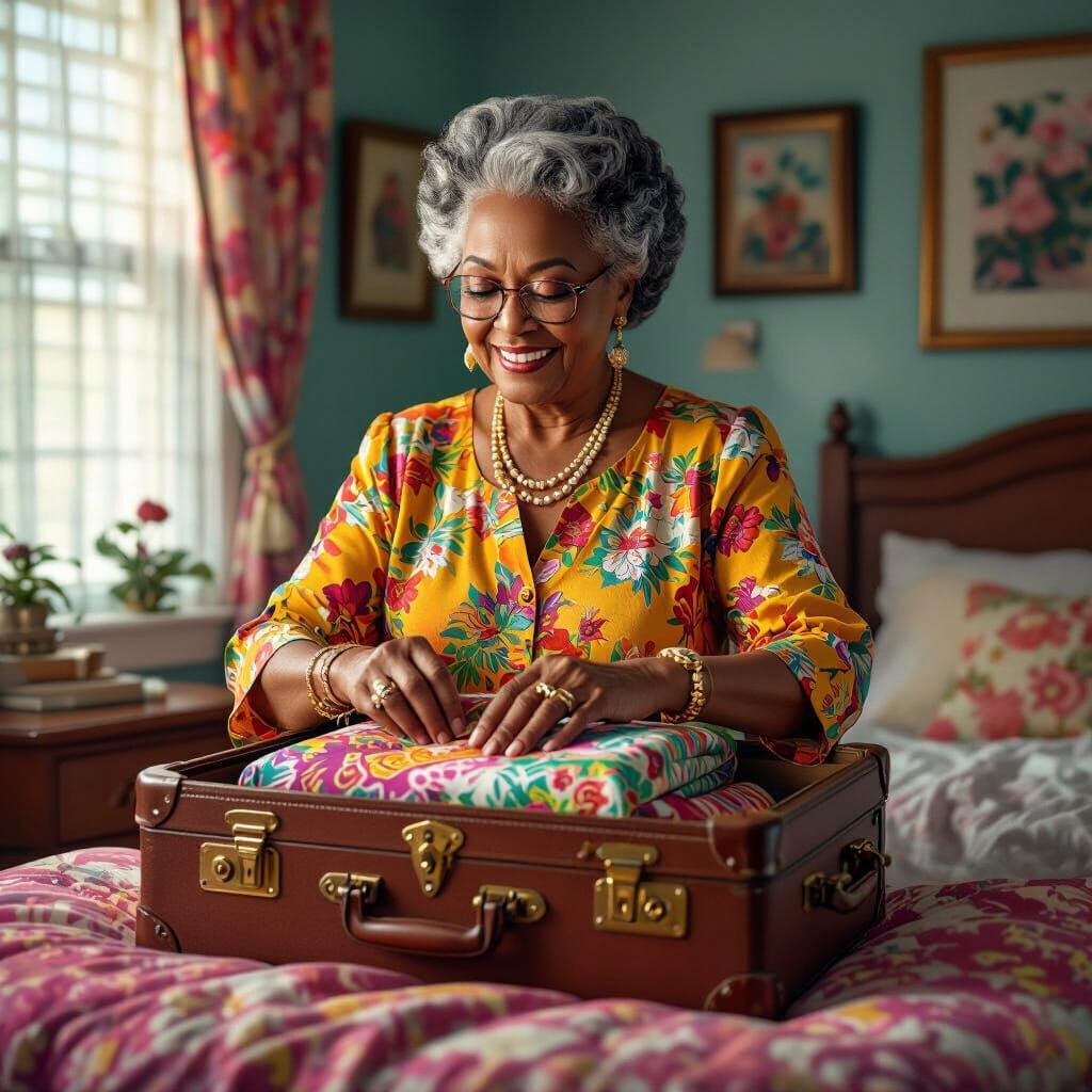 Jamaican Woman Packing Suitcase: Matte Painting Style