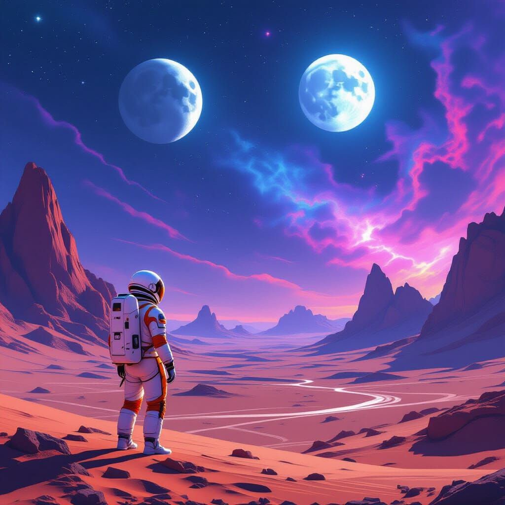 Astronaut Gazes at Alien Desert Sky with Two Moons