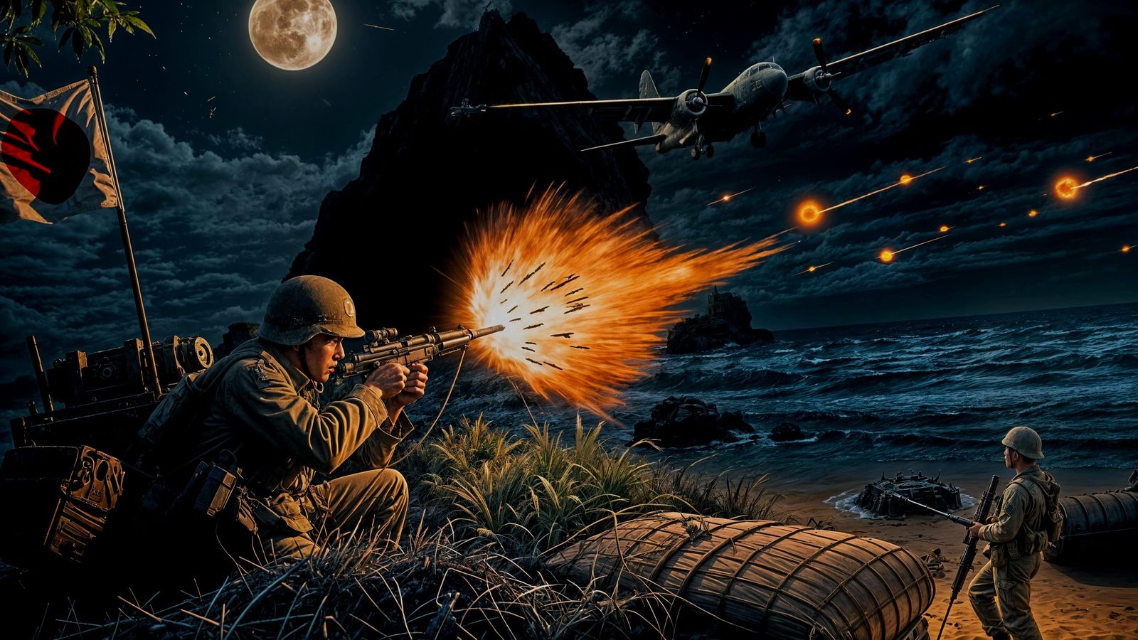 WWII Japanese Machine Gun Nest Under Aerial Attack