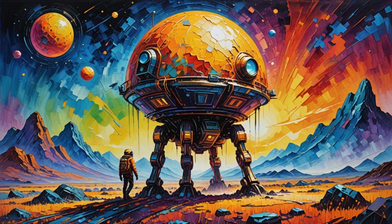 Explorer Discovers Alien Artifact in Retro Sci-Fi Watercolor