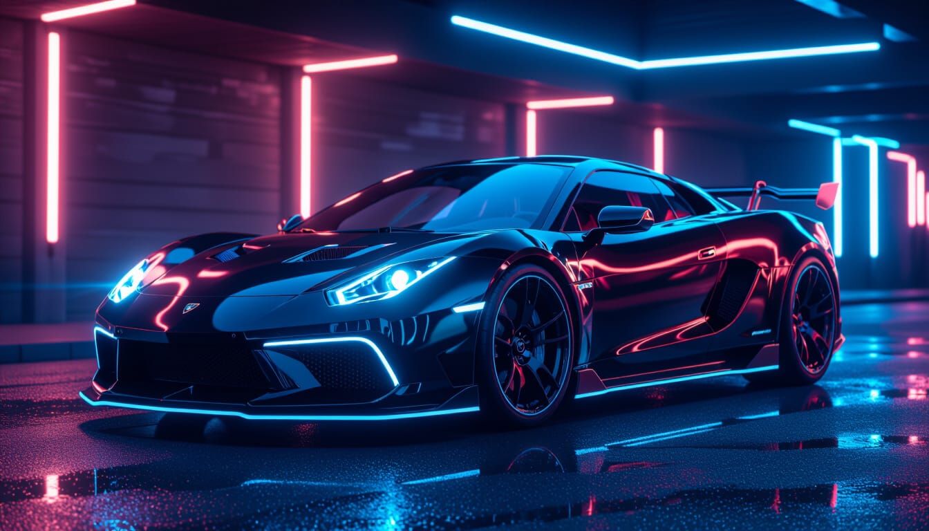 Futuristic Car with Neon Lights in Cyberpunk Style