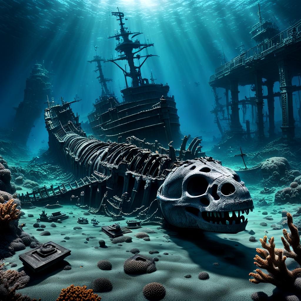 Underwater Ship Graveyard Featuring Godzilla Skeleton