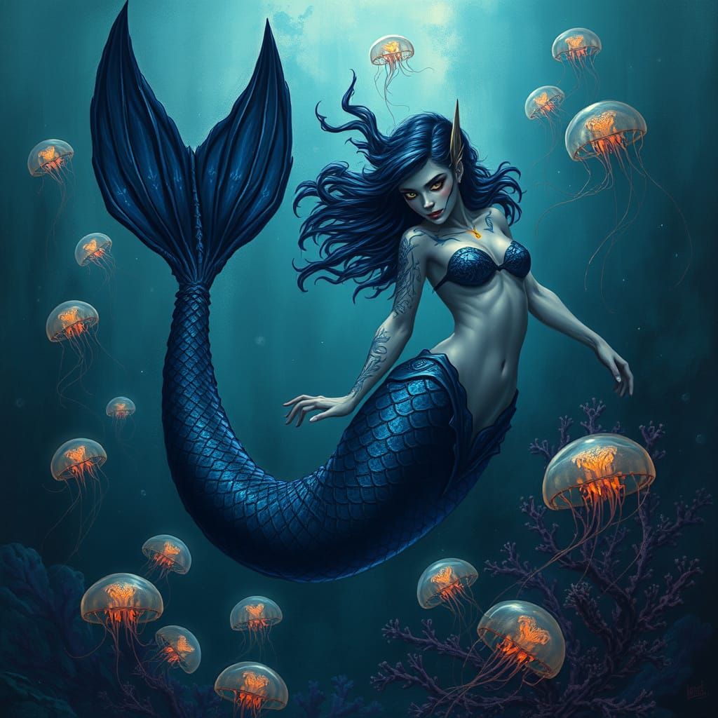 Sapphire Mermaid with Bioluminescent Tattoos in Abyss