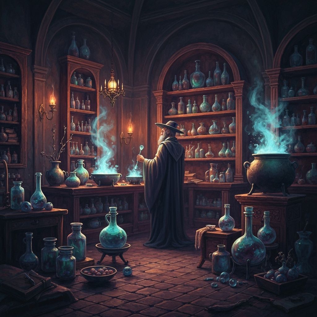 Wizard Prepares Potions in Ancient Lab