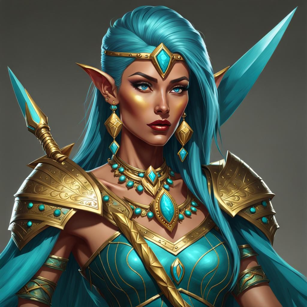 Turquoise and Gold Elf Warrior Portrait