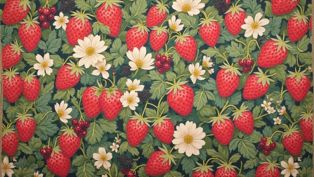 William Morris Style Tapestry of Berries and Flowers