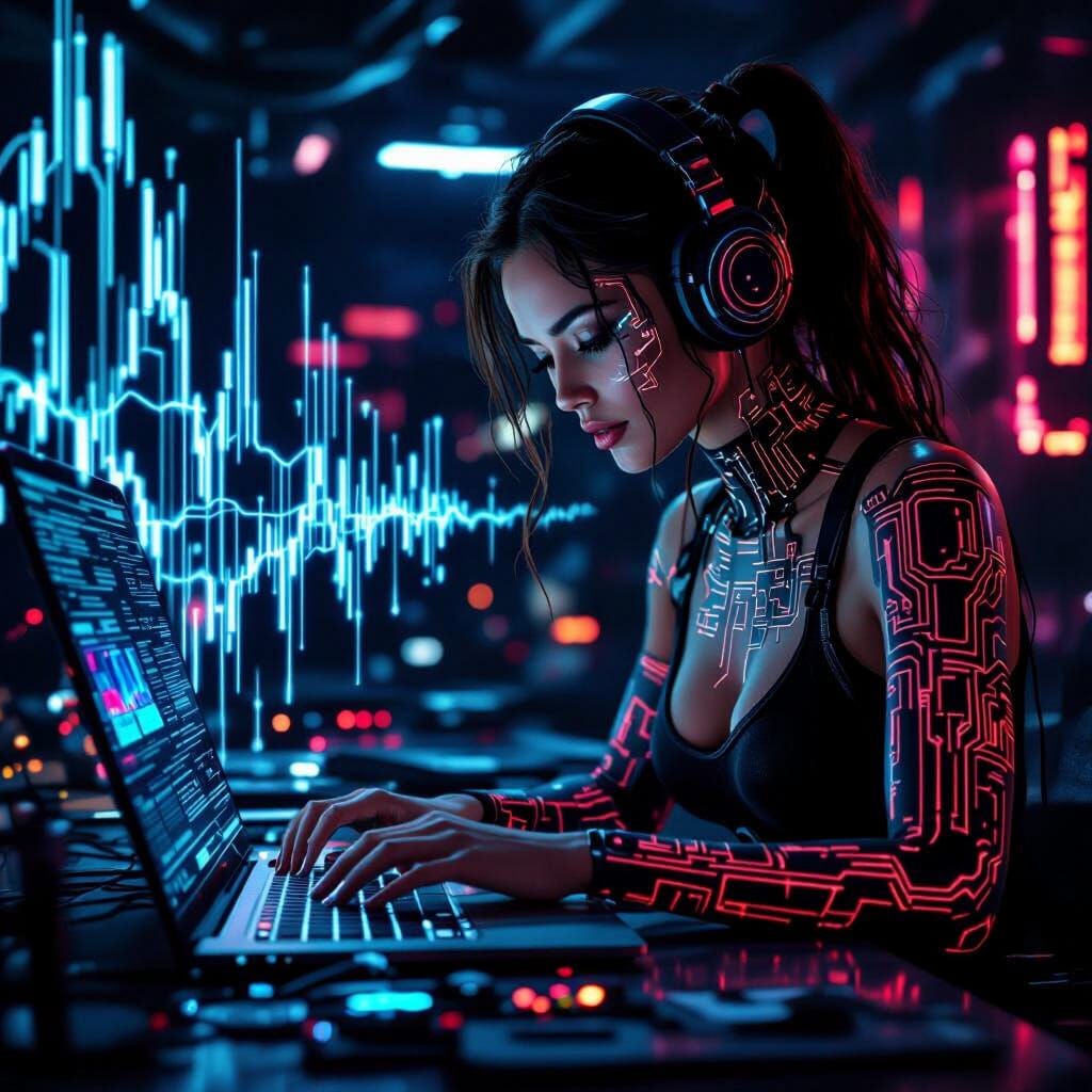 Cyberpunk Woman Works in High-Tech Music Studio