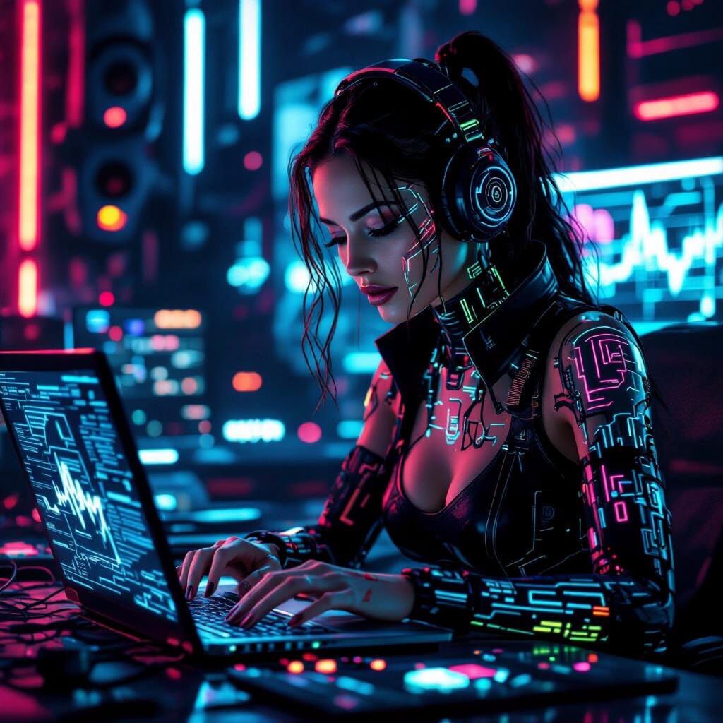 Cyberpunk Woman Working in Neon-Lit Studio