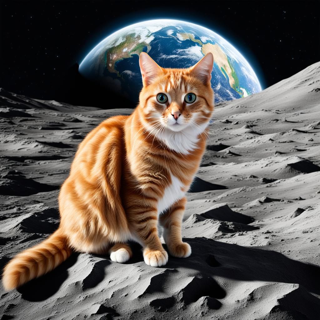 Ginger Tabby Cat Gazing at Earth from the Moon