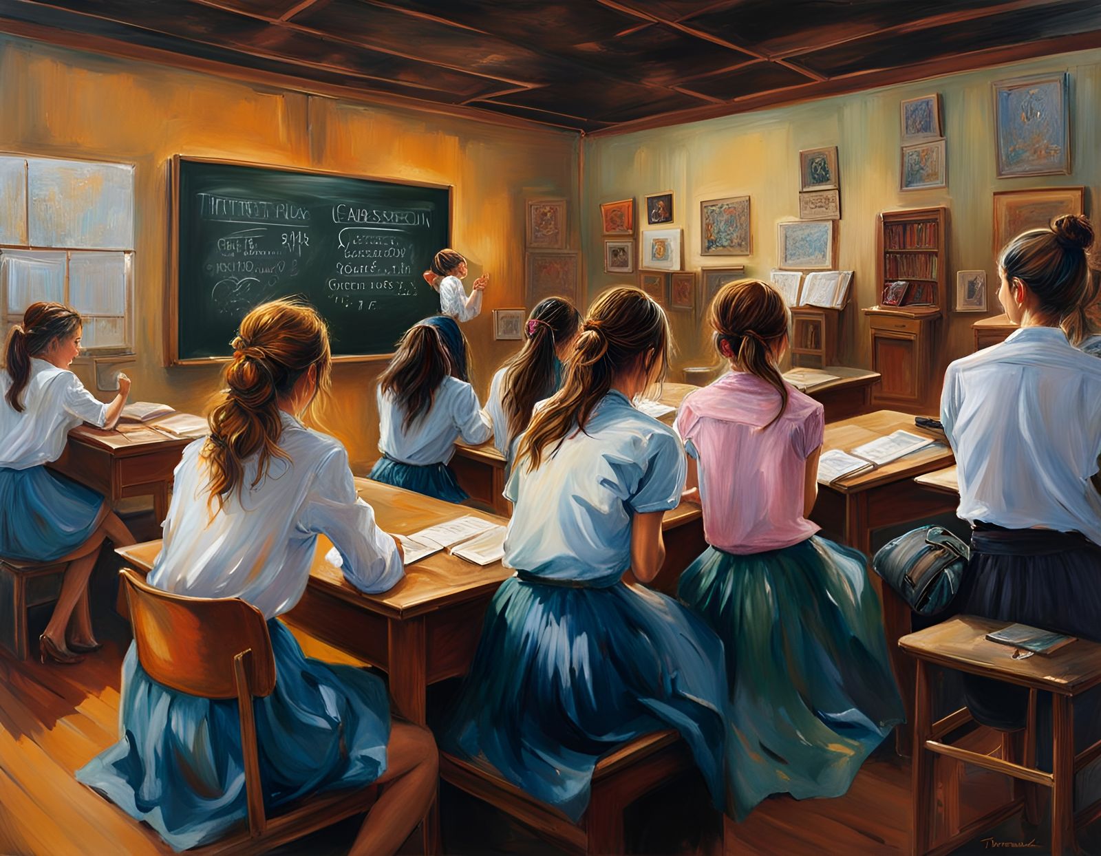 Classroom Scene with Teacher in Retro Folk Art Style