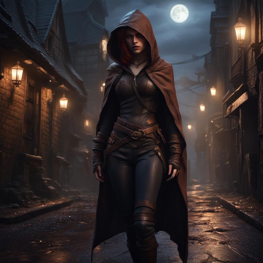 Fantasy Rogue in Misty Moonlight, Detailed Matte Painting