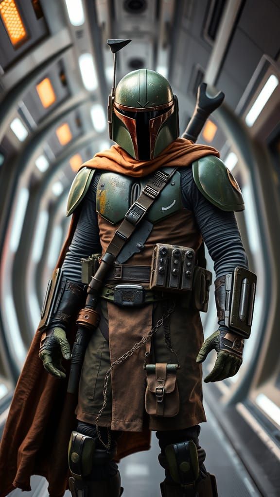 Mandalorian Warrior in Futuristic Corridor