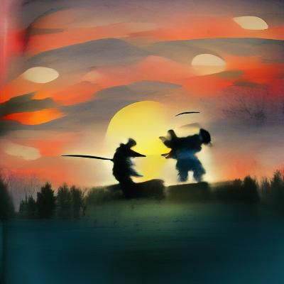 Samurai Battle at Dusk Storybook Illustration