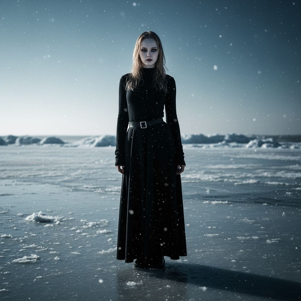 Pale Goth Model on Frozen Beach in Soft Sunlight