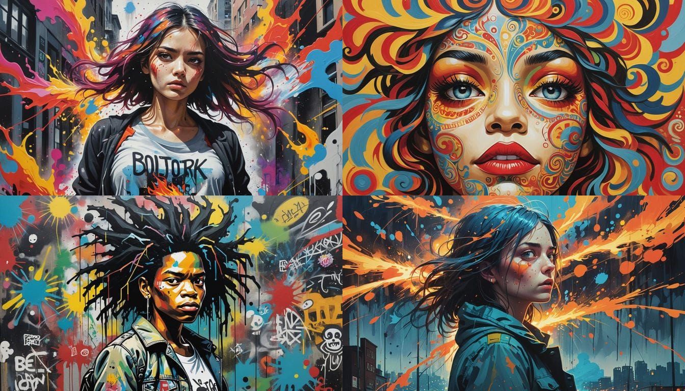 Vibrant Portrait of a Woman Consumed by Emotion in Graffiti...