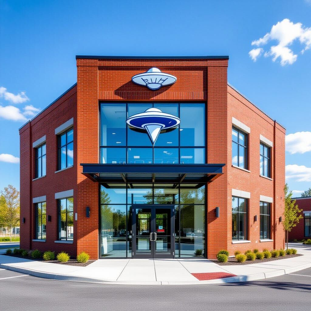 Red Brick Office Building with UFO Logo