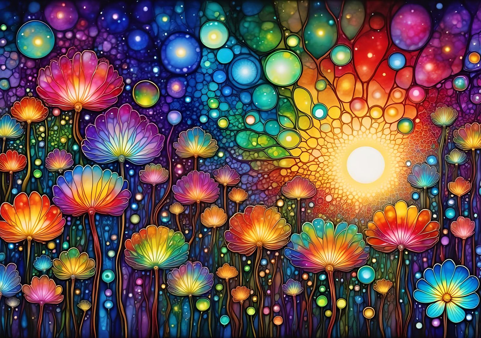 Colorful Flowers Under Starry Night Digital Art