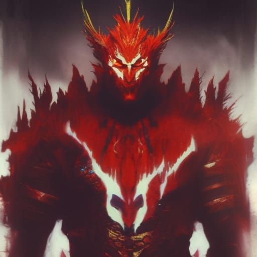 Cartoon Alien Deity with Obsidian Face and Flaming Maw