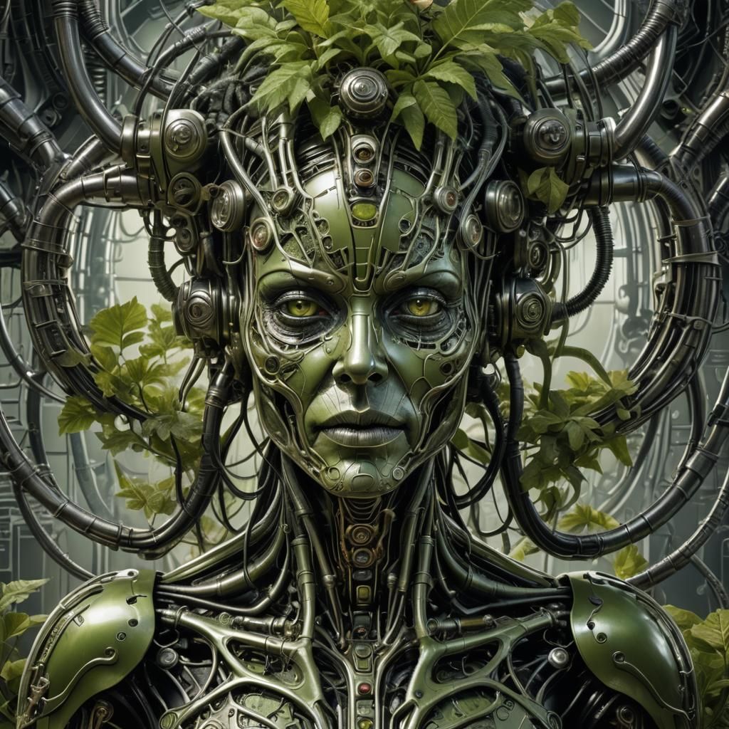 H.R. Giger Style Vegetal Cyborg: Surreal Biomechanics